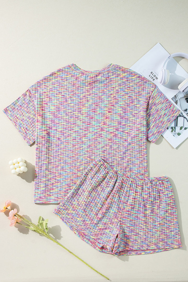 Contrast Round Neck Top and Shorts Set