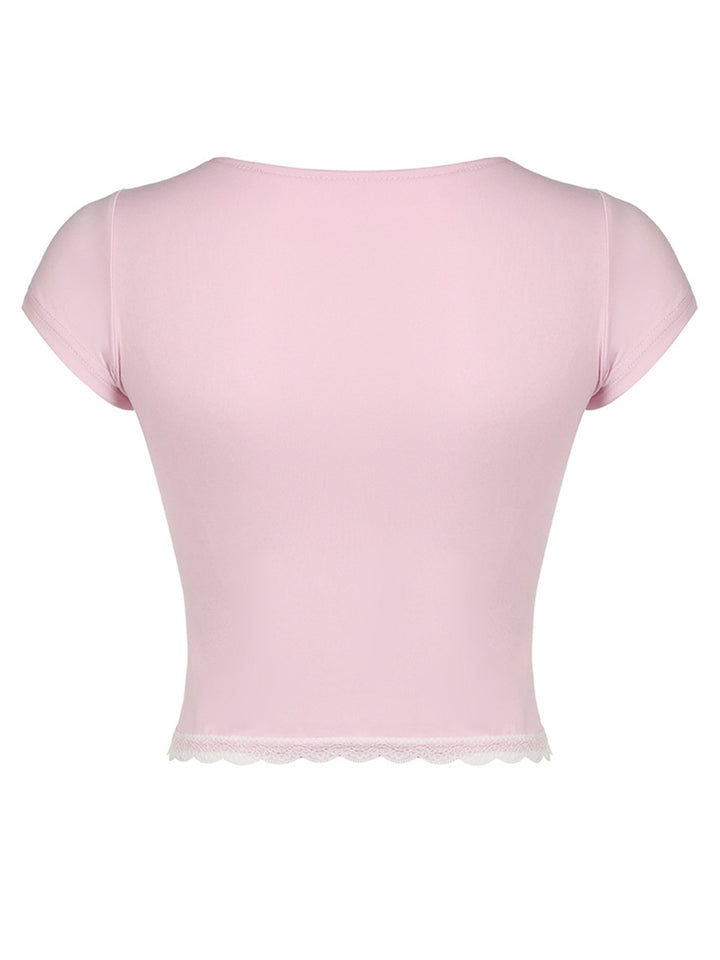 Lace Detail Sweetheart Neck Short Sleeve T-Shirt