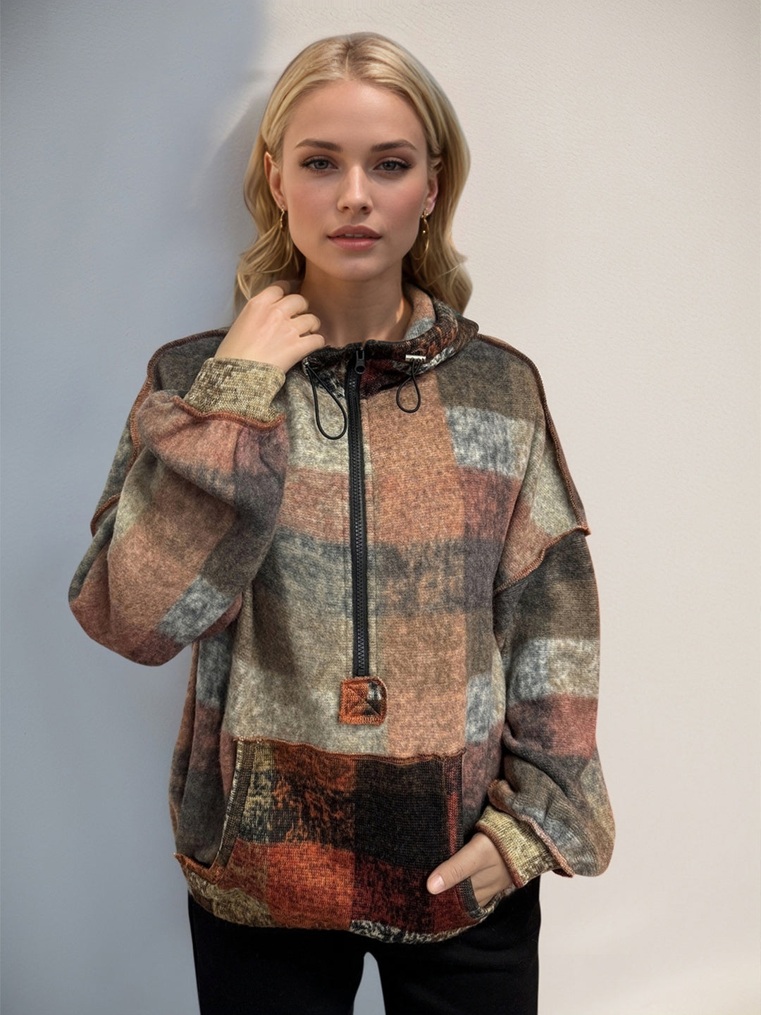 Double Take Full Size Half Zip Exposed Seam Hoodie