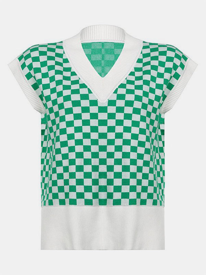 Full Size Checkered V-Neck Cap Sleeve Sweater
