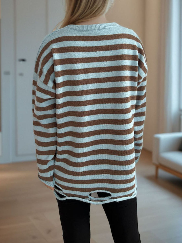 Distressed Striped Round Neck Long Sleeve Sweater