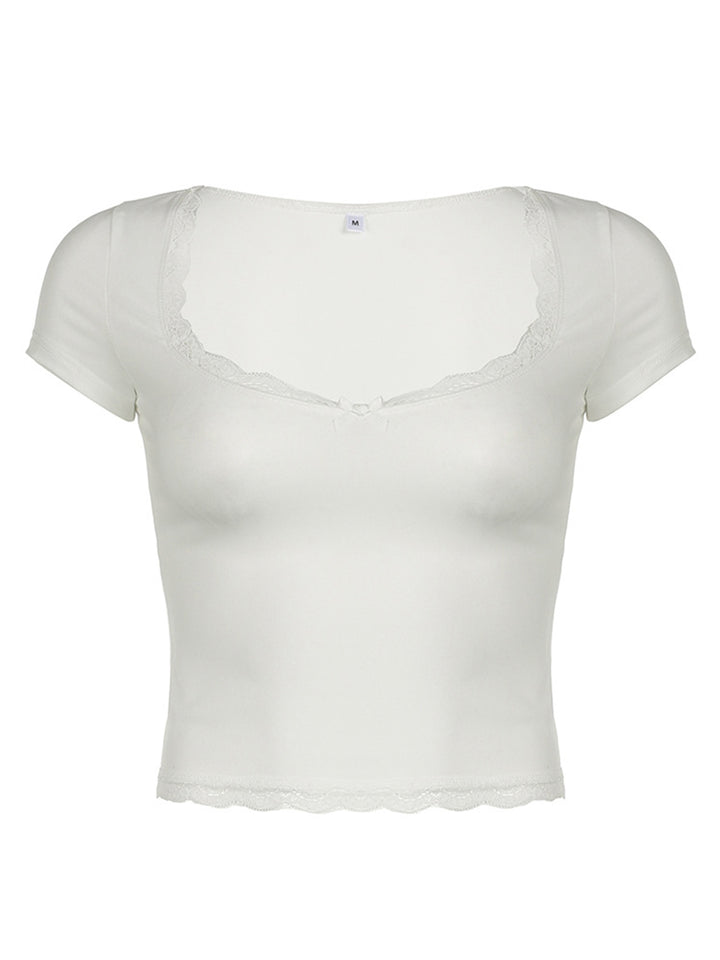Lace Detail Sweetheart Neck Short Sleeve T-Shirt