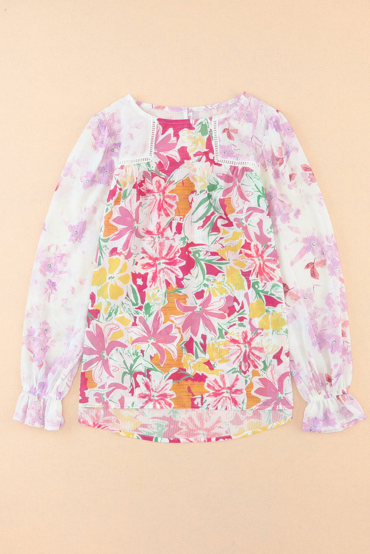 Floral Round Neck Flounce Sleeve Blouse