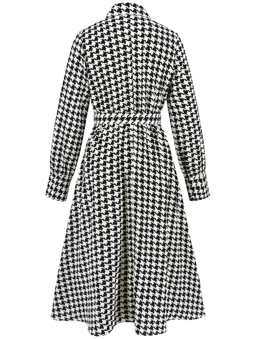 Tied Houndstooth Long Sleeve Midi Dress