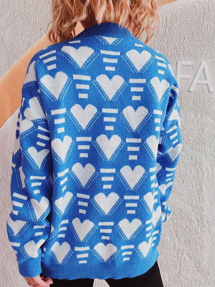 Heart Contrast Long Sleeve Dropped Shoulder Sweater