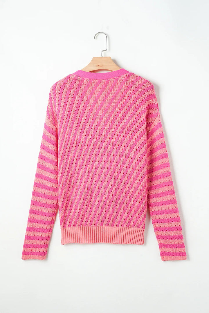 Striped V-Neck Button Up Cardigan