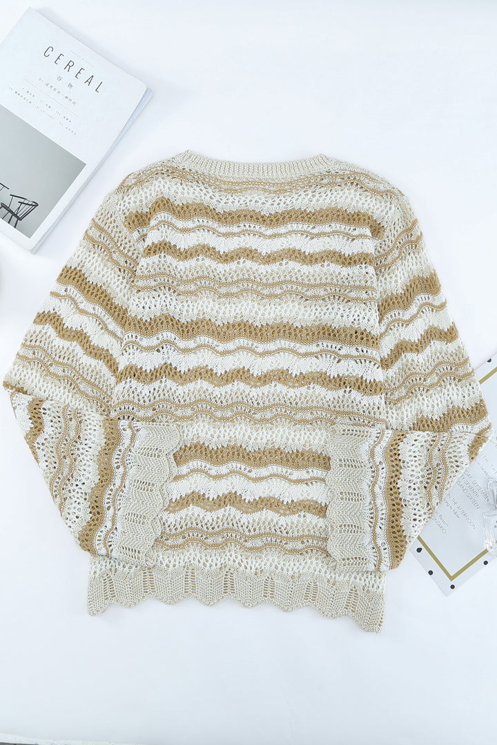 Wavy Stripe Scalloped Hem Openwork Knit Top